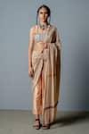 Shop_Pooja Rajgarhia Gupta_Beige Cotton Satin Embroidered Zenobia Printed Pre-draped Saree With Blouse _at_Aza_Fashions