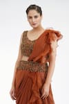 Shop_Shruti S_Brown Silk Embroidered Sequin Leaf Neck Dhoti Saree With Blouse_Online_at_Aza_Fashions
