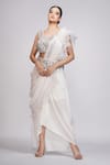 Buy_Shruti S_White Silk Embroidered Sequin Leaf Neck Dhoti Saree With Blouse_at_Aza_Fashions