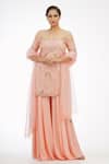 Buy_Shruti S_Peach Silk, Organza, Modal Satin Cutdana, Sequin Off Shoulder Kurta Sharara Set_at_Aza_Fashions