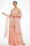 Shruti S_Peach Silk, Organza, Modal Satin Cutdana, Sequin Off Shoulder Kurta Sharara Set_Online_at_Aza_Fashions