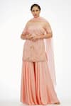Buy_Shruti S_Peach Silk, Organza, Modal Satin Cutdana, Sequin Off Shoulder Kurta Sharara Set_Online_at_Aza_Fashions