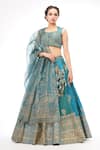 Buy_Shruti S_Blue Silk, Organza Chevron, Floral, Geometric V Neck Print Lehenga Set _at_Aza_Fashions