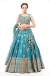 Buy_Shruti S_Blue Silk, Organza Chevron, Floral, Geometric V Neck Print Lehenga Set _Online_at_Aza_Fashions