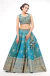 Shop_Shruti S_Blue Silk, Organza Chevron, Floral, Geometric V Neck Print Lehenga Set _Online_at_Aza_Fashions