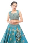 Shruti S_Blue Silk, Organza Chevron, Floral, Geometric V Neck Print Lehenga Set _at_Aza_Fashions
