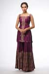 Shruti S_Purple Silk Printed Floral Motifs Square Neck Kurta Sharara Set _Online_at_Aza_Fashions