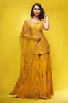 Buy_Shruti S_Yellow Dupatta Star Net, Kurta Silk, Sharara Crepe Stripe Metallic Set_at_Aza_Fashions