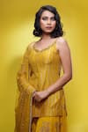 Shop_Shruti S_Yellow Dupatta Star Net, Kurta Silk, Sharara Crepe Stripe Metallic Set_Online_at_Aza_Fashions