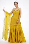 Buy_Shruti S_Yellow Kurta Silk Printed Stripe Round Metallic Sharara Set _Online_at_Aza_Fashions