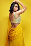 Buy_Shruti S_Yellow Saree Crepeblouse  Silk Mirror Work, Pre-draped With Embroidered _Online_at_Aza_Fashions