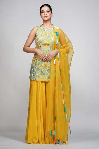 Buy_Shruti S_Yellow Kurta  Silksharara  Modal Satindupatta  Organza Embroidered Set _at_Aza_Fashions
