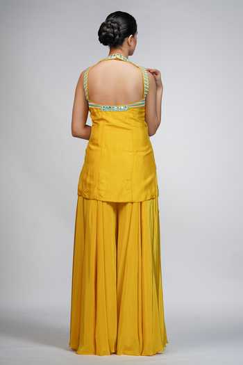 Shop_Shruti S_Yellow Kurta  Silksharara  Modal Satindupatta  Organza Embroidered Set _at_Aza_Fashions