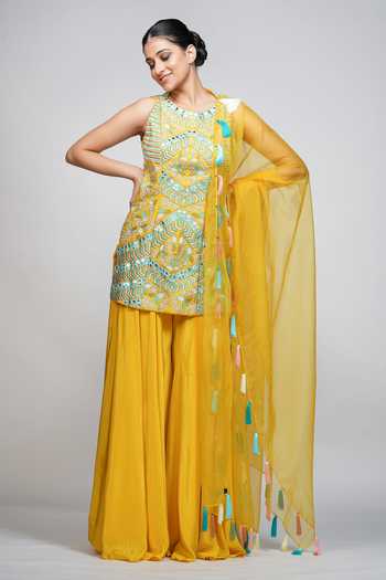 Shruti S_Yellow Kurta  Silksharara  Modal Satindupatta  Organza Embroidered Set _Online_at_Aza_Fashions