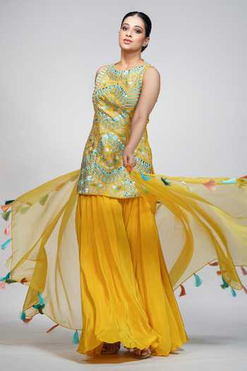Buy_Shruti S_Yellow Kurta  Silksharara  Modal Satindupatta  Organza Embroidered Set _Online_at_Aza_Fashions