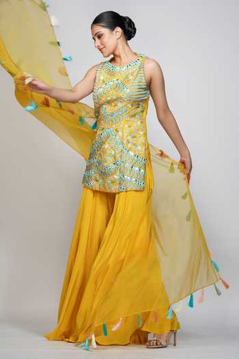Shop_Shruti S_Yellow Kurta  Silksharara  Modal Satindupatta  Organza Embroidered Set _Online_at_Aza_Fashions