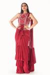 Buy_Shruti S_Red Saree Georgetteblouse  Silk Mirror Work, Ruffle Pre-draped With Blouse _Online_at_Aza_Fashions