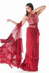 Buy_Shruti S_Red Saree Georgetteblouse  Silk Mirror Work, Ruffle Pre-draped With Blouse _at_Aza_Fashions