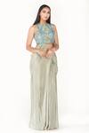 Shruti S_Green Saree Crepeblouse  Silk Mirror Work, Resham Pre-draped With Embroidered _Online_at_Aza_Fashions