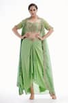 Buy_Shruti S_Green Crop Top Silkskirt  Crepecape  Silksleeves  Zardozi Cape Set _at_Aza_Fashions