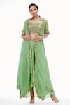 Shruti S_Green Crop Top Silkskirt  Crepecape  Silksleeves  Zardozi Cape Set _Online_at_Aza_Fashions