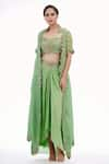 Buy_Shruti S_Green Crop Top Silkskirt  Crepecape  Silksleeves  Zardozi Cape Set _Online_at_Aza_Fashions