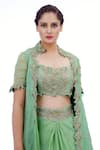 Shruti S_Green Crop Top Silkskirt  Crepecape  Silksleeves  Zardozi Cape Set _at_Aza_Fashions