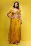 Buy_Shruti S_Yellow Crop Top Silkskirt  Crepecape  Silksleeves  Zardozi Cape Set _at_Aza_Fashions