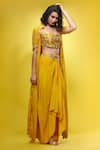 Buy_Shruti S_Yellow Crop Top Silkskirt  Crepecape  Silksleeves  Zardozi Cape Set _Online_at_Aza_Fashions