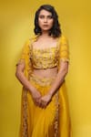 Shop_Shruti S_Yellow Crop Top Silkskirt  Crepecape  Silksleeves  Zardozi Cape Set _Online_at_Aza_Fashions