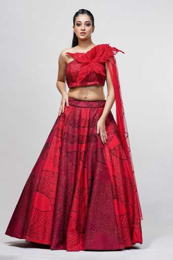Buy_Shruti S_Red Raw Silk Leaf, Sequin, Threadwork, Zari One Embroidered Lehenga And Blouse Set _at_Aza_Fashions
