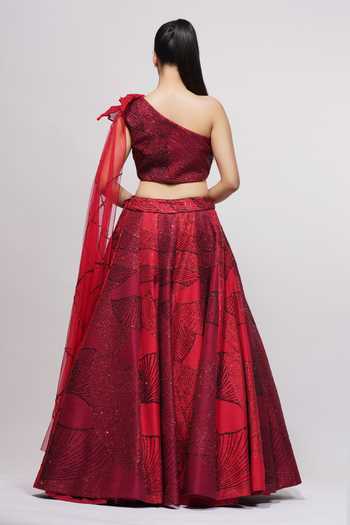 Shop_Shruti S_Red Raw Silk Leaf, Sequin, Threadwork, Zari One Embroidered Lehenga And Blouse Set _at_Aza_Fashions