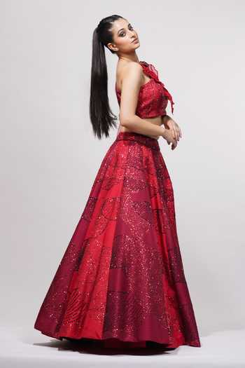 Shruti S_Red Raw Silk Leaf, Sequin, Threadwork, Zari One Embroidered Lehenga And Blouse Set _Online_at_Aza_Fashions