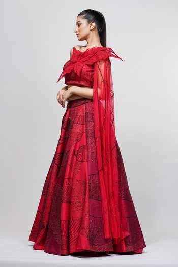 Buy_Shruti S_Red Raw Silk Leaf, Sequin, Threadwork, Zari One Embroidered Lehenga And Blouse Set _Online_at_Aza_Fashions