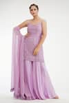 Buy_Shruti S_Purple Silk, Georgette, Modal Satin Floral, Embroidered Kurta Sharara Set_at_Aza_Fashions