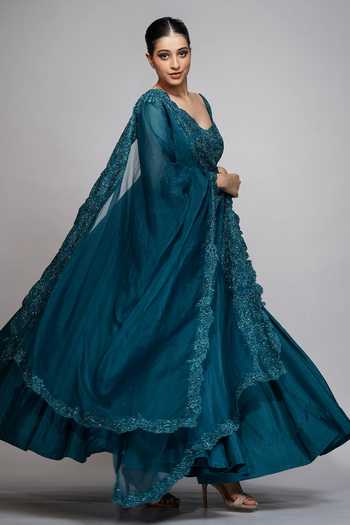 Shop_Shruti S_Blue Anarkali Silkchuridar  Satindupatta  Organza Sequin Work Upcycled Set _Online_at_Aza_Fashions