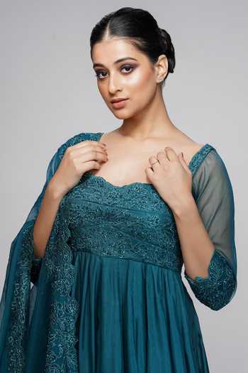Shruti S_Blue Anarkali Silkchuridar  Satindupatta  Organza Sequin Work Upcycled Set _at_Aza_Fashions