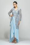 Buy_Shruti S_Blue Dhoti Skirt Crepe, Jacket Star Net Floral Motifs Embroidered And Set_at_Aza_Fashions
