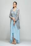 Shruti S_Blue Dhoti Skirt Crepe, Jacket Star Net Floral Motifs Embroidered And Set_Online_at_Aza_Fashions