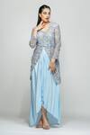 Buy_Shruti S_Blue Dhoti Skirt Crepe, Jacket Star Net Floral Motifs Embroidered And Set_Online_at_Aza_Fashions