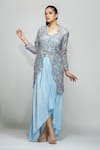 Shop_Shruti S_Blue Dhoti Skirt Crepe, Jacket Star Net Floral Motifs Embroidered And Set_Online_at_Aza_Fashions