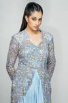 Shruti S_Blue Dhoti Skirt Crepe, Jacket Star Net Floral Motifs Embroidered And Set_at_Aza_Fashions