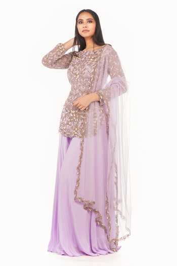 Shruti S_Purple Kurta And Dupatta Star Net, Sharara Crepe Floral Motifs Embroidered Set _Online_at_Aza_Fashions