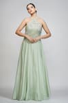 Buy_Shruti S_Green Silk Cutdana, Pearl, Sequin, Zari Halter Neck Gown_at_Aza_Fashions