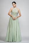 Shruti S_Green Silk Cutdana, Pearl, Sequin, Zari Halter Neck Gown_Online_at_Aza_Fashions