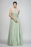 Buy_Shruti S_Green Silk Cutdana, Pearl, Sequin, Zari Halter Neck Gown_Online_at_Aza_Fashions
