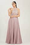 Buy_Shruti S_Purple Silk Cutdana , Pearl , Zari Halter Neck Embroidered Gown _at_Aza_Fashions
