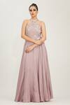 Buy_Shruti S_Purple Silk Cutdana , Pearl , Zari Halter Neck Embroidered Gown _Online_at_Aza_Fashions