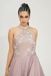 Shruti S_Purple Silk Cutdana , Pearl , Zari Halter Neck Embroidered Gown _at_Aza_Fashions