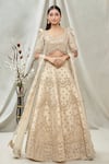 Buy_Vandana Sethi_Gold Dupion Silk Embroidered Mirror Leaf Neck Bridal Lehenga Set _at_Aza_Fashions